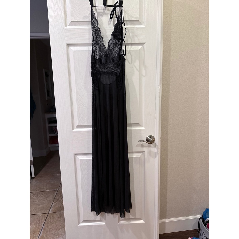 Black Lace Sheer Mesh Halter Neck Long Nightgown Lingerie Dress Large